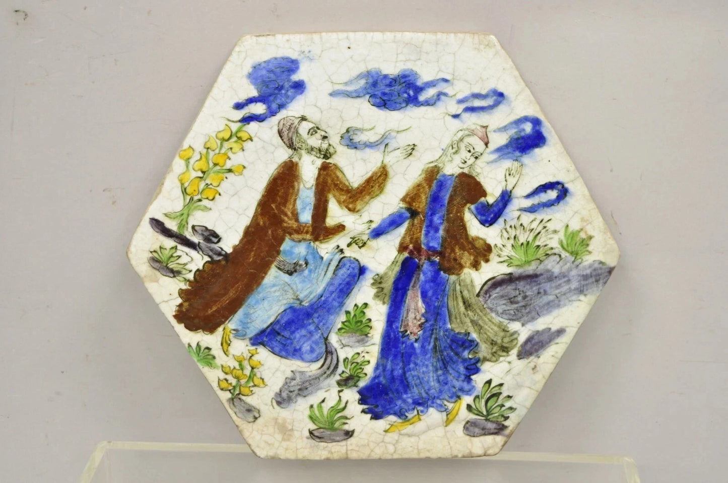Antique Persian Iznik Qajar Style Ceramic Pottery Tile Hexagonal Blue Couple C5