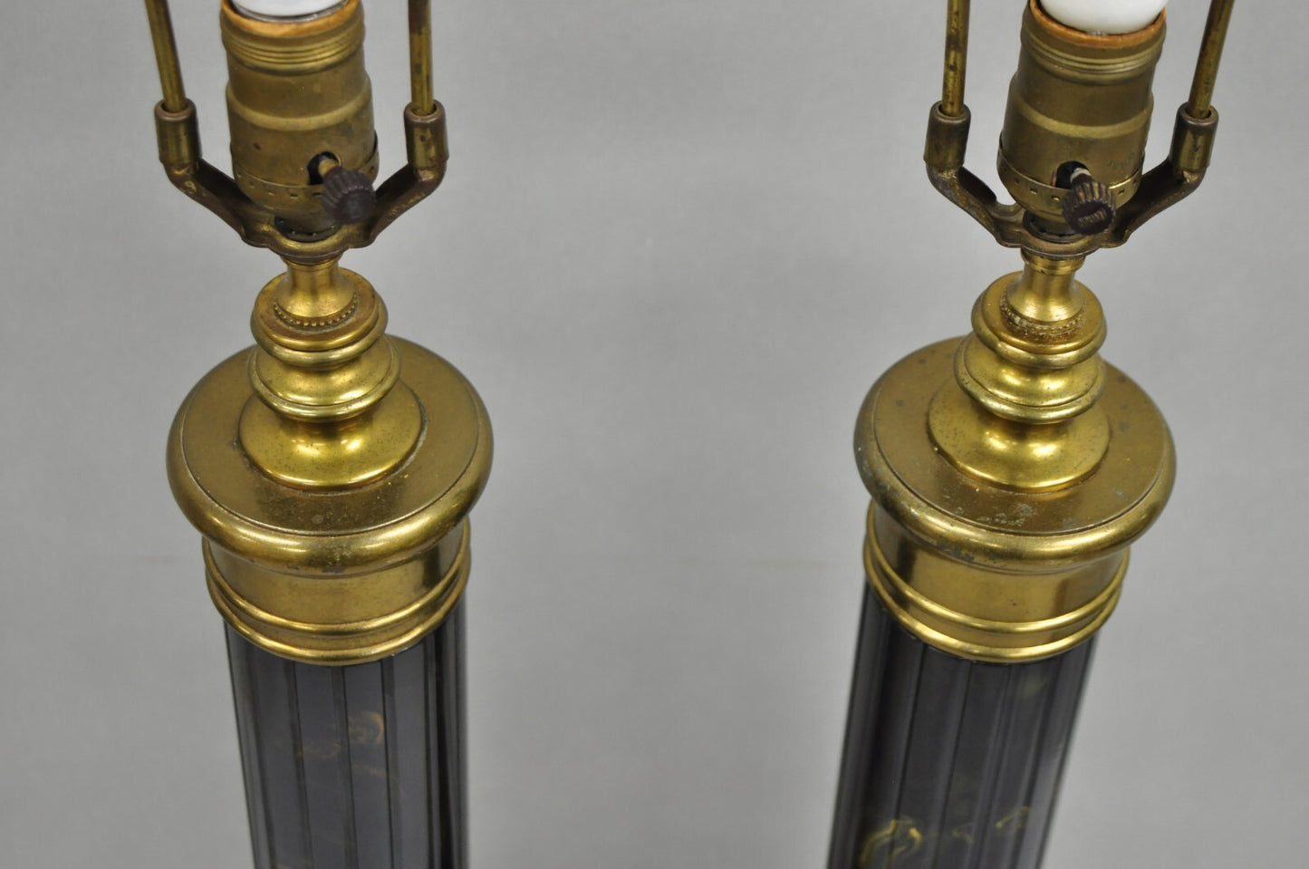 Vintage French Empire Brass Metal "Smoky" Celluloid Column Table Lamps - a Pair