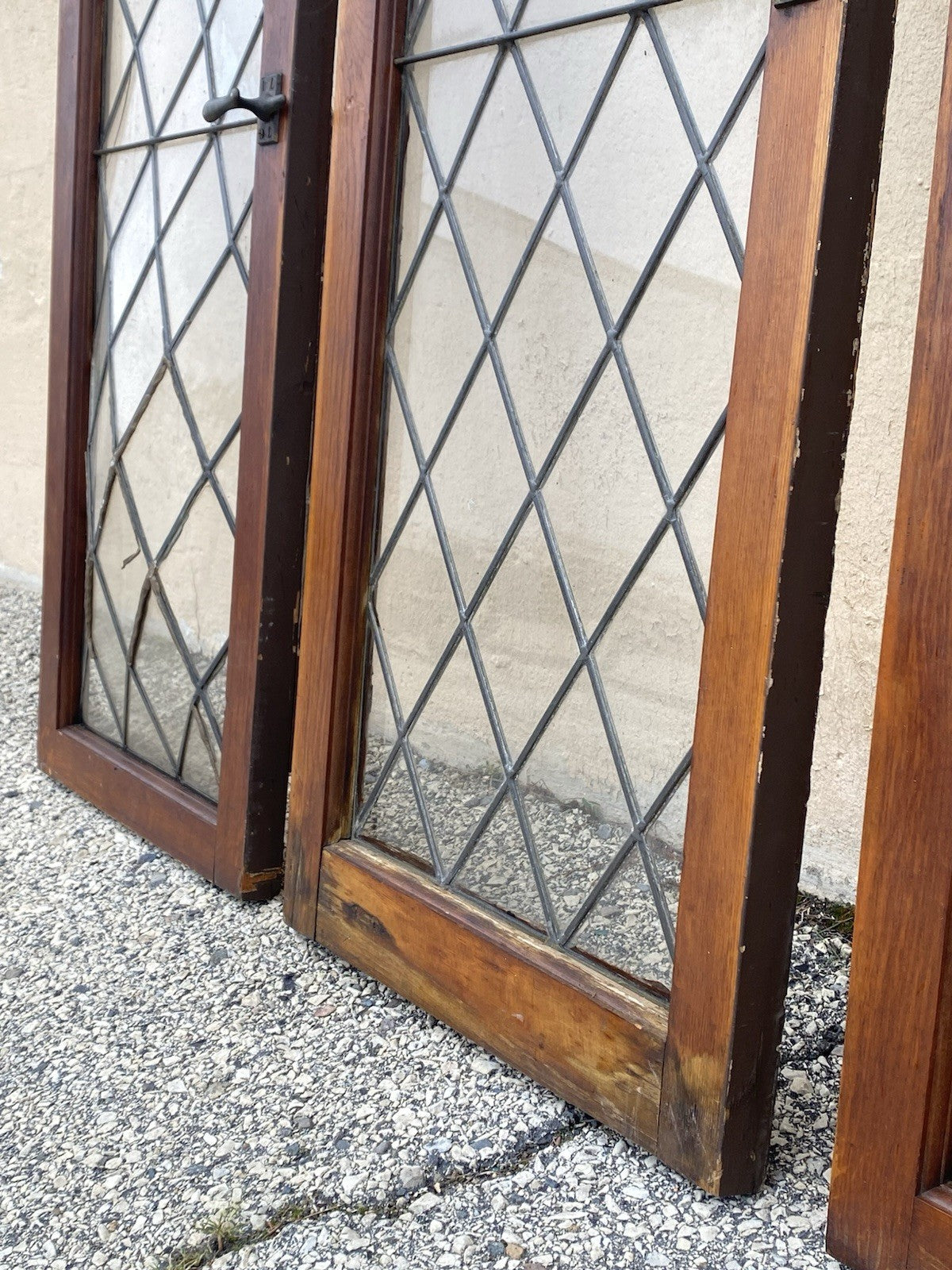 Antique Arts & Crafts Diamond Lattice Leaded Glass Windows in Frame - Set of 4