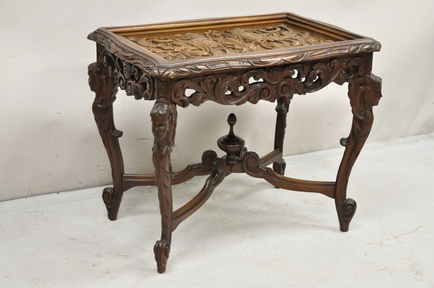 French Renaissance Figural Carved Walnut Parrot Bird & Faces Small Coffee Table