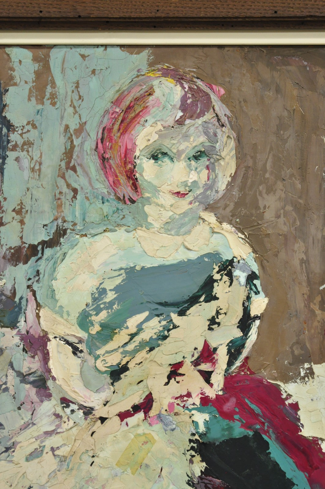 Vintage "Woman in Dress" Oil on Board Abstract Framed Painting, Signed
