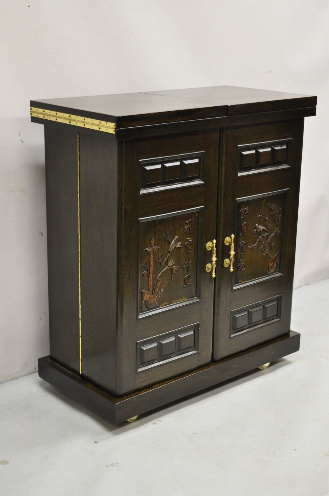 Vintage Korean Carved Wood Marble Top Asian Chinese Liquor Cabinet Dry Bar