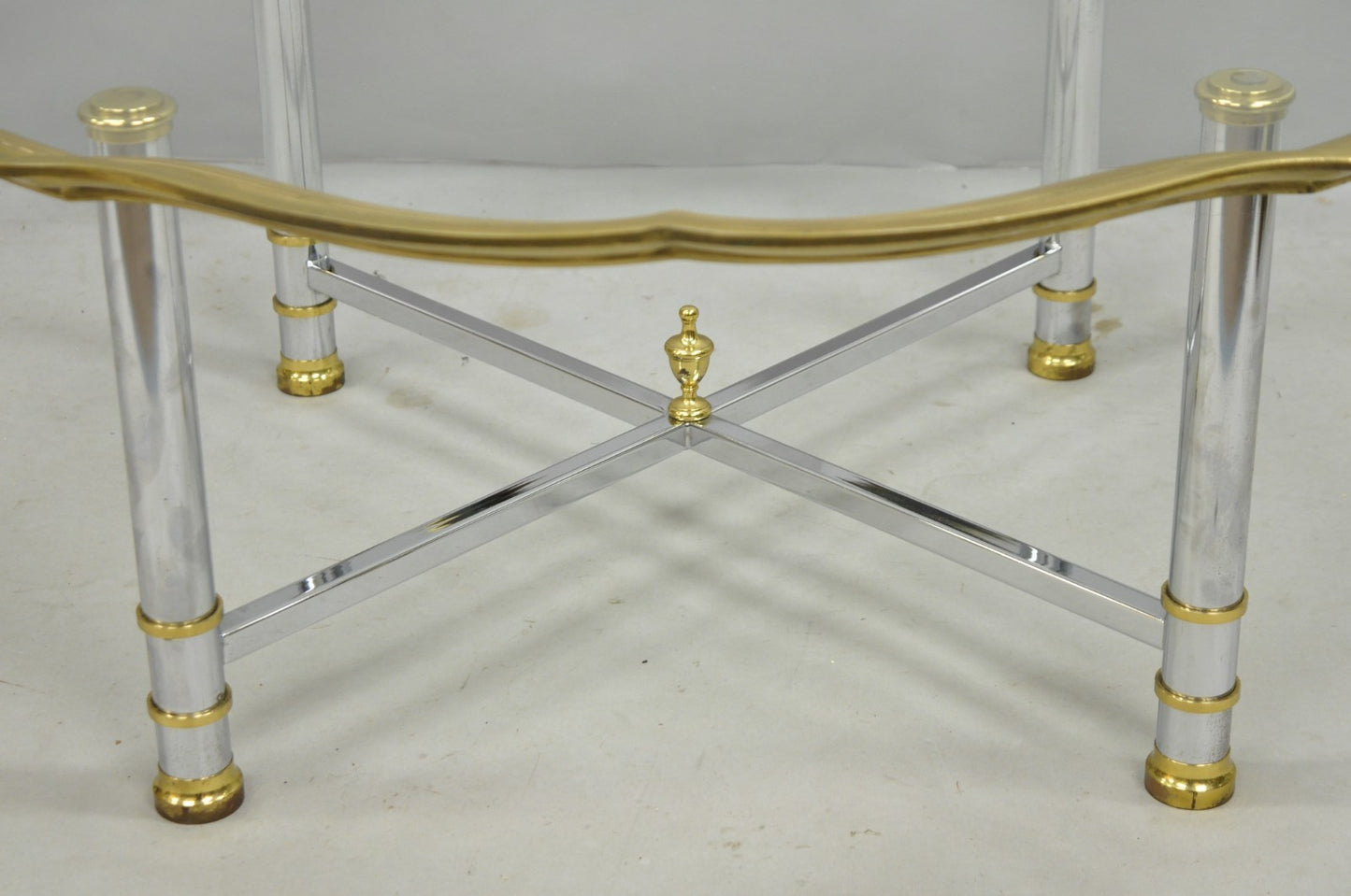 Vintage Maison Jansen Style Steel & Brass Scalloped Glass Tray Top Coffee Table