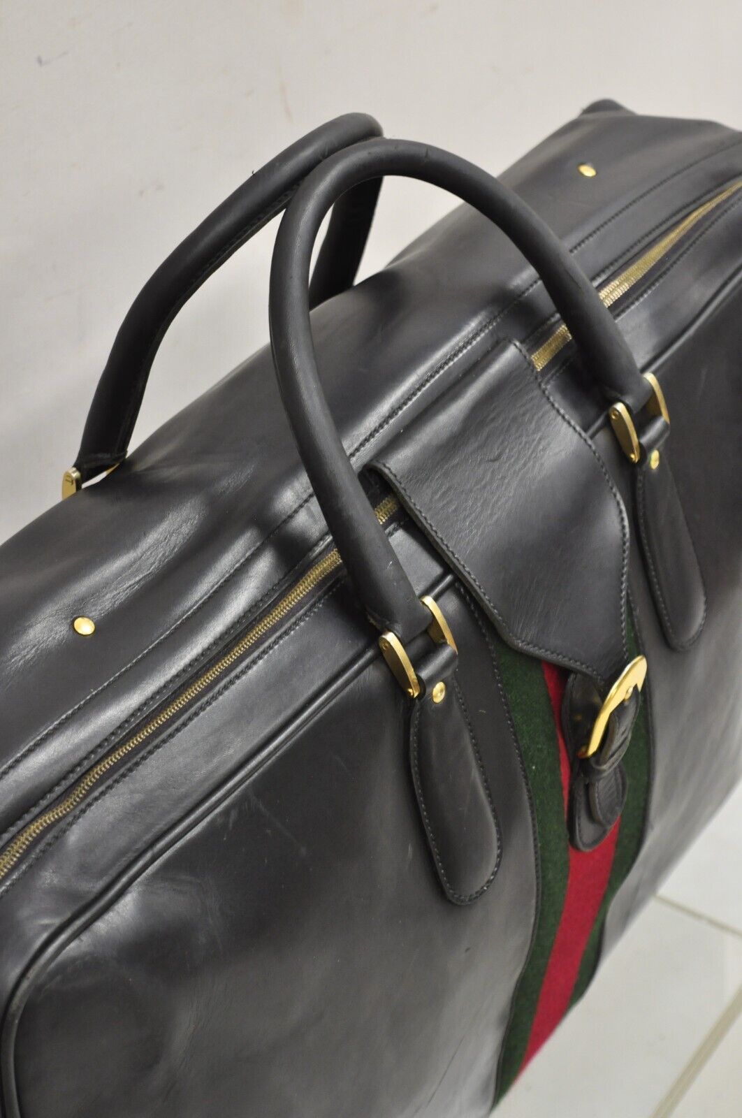Vintage Gucci Large Black Leather Suitcase Luggage Travel Bag Green Red Webbing