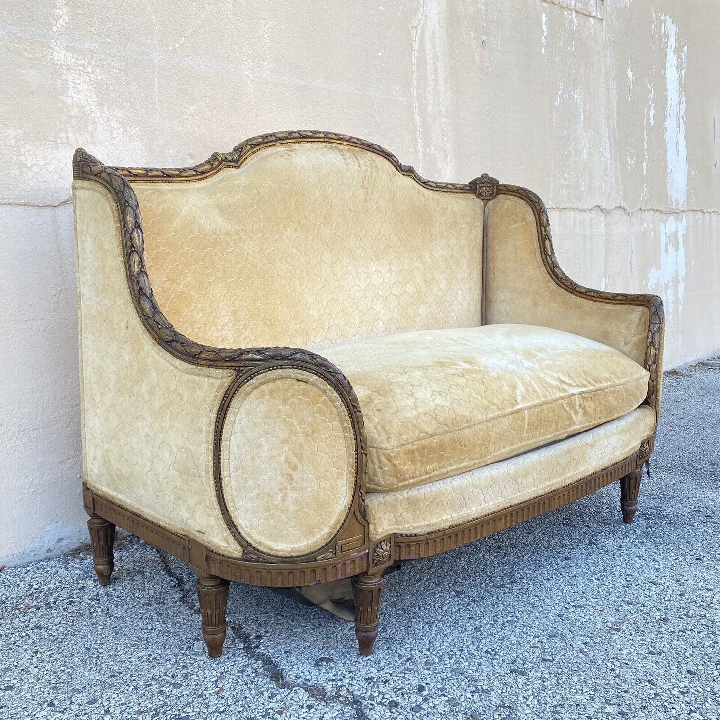 Antique French Louis XVI Style Gold Carved Giltwood Canape Cameo Settee Sofa