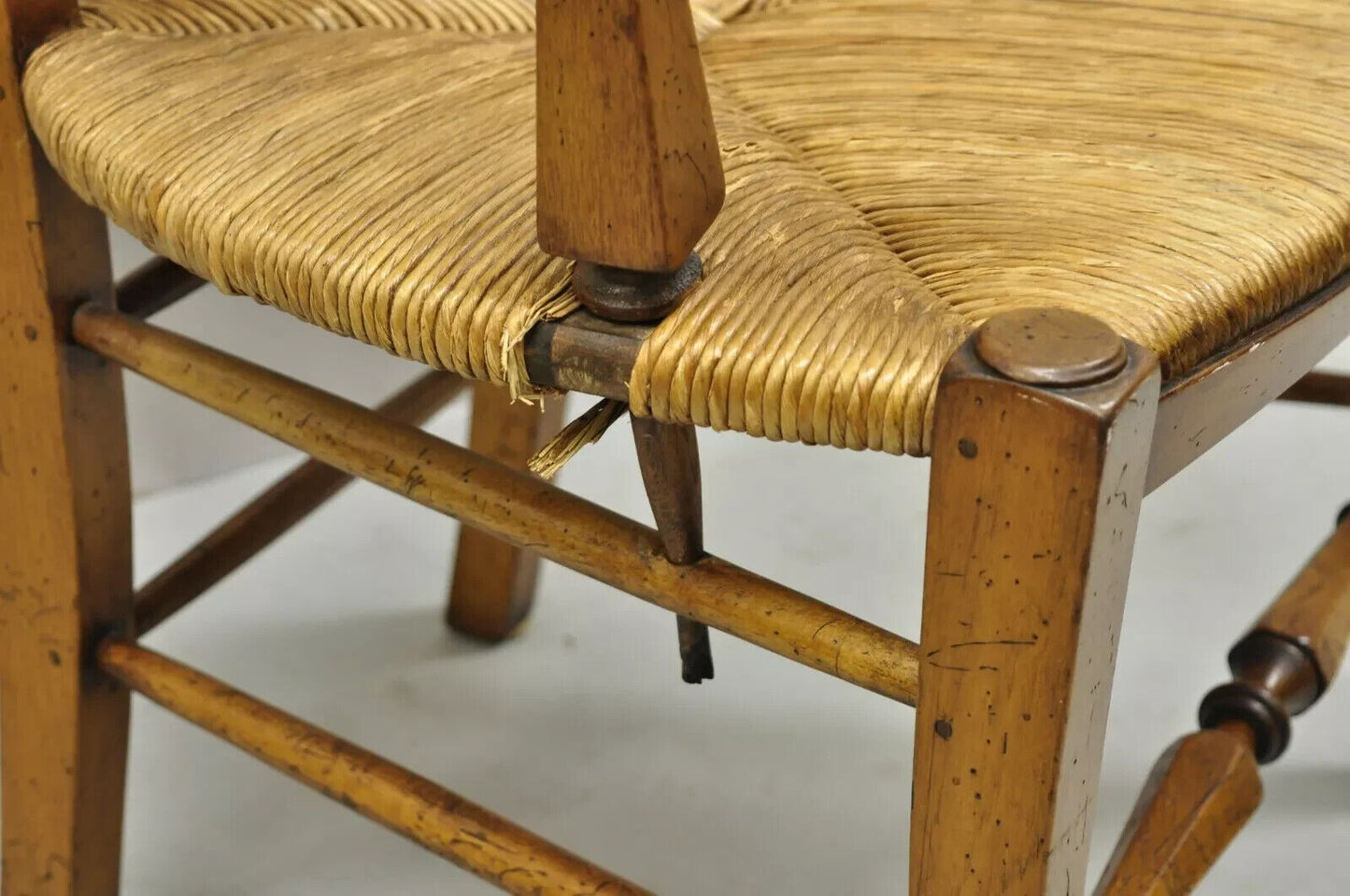 Vintage French Country Cherry Wood Italian Distressed Rush Seat Dining Arm Chair
