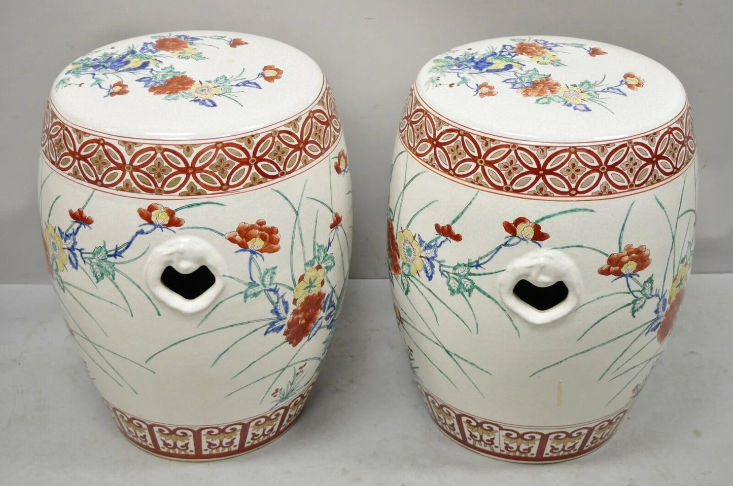 Vintage Chinoiserie Porcelain Ceramic Chinese Red Blue Garden Stool Seat, a Pair