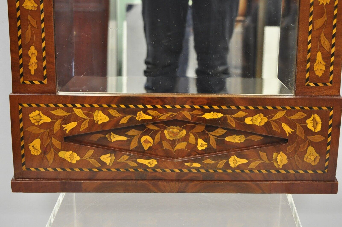 19th Century Satinwood Dutch Marquetry Inlaid Beveled Glass Console Wall Mirror