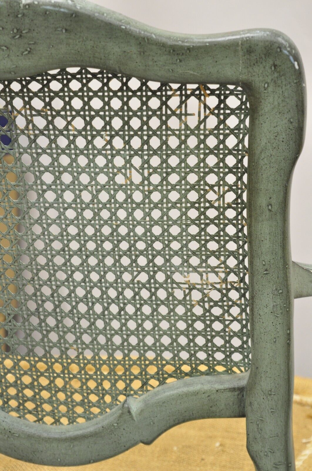 Pair Vintage French Louis XV  Style Blue Painted Cane Back Fauteuil Arm Chairs