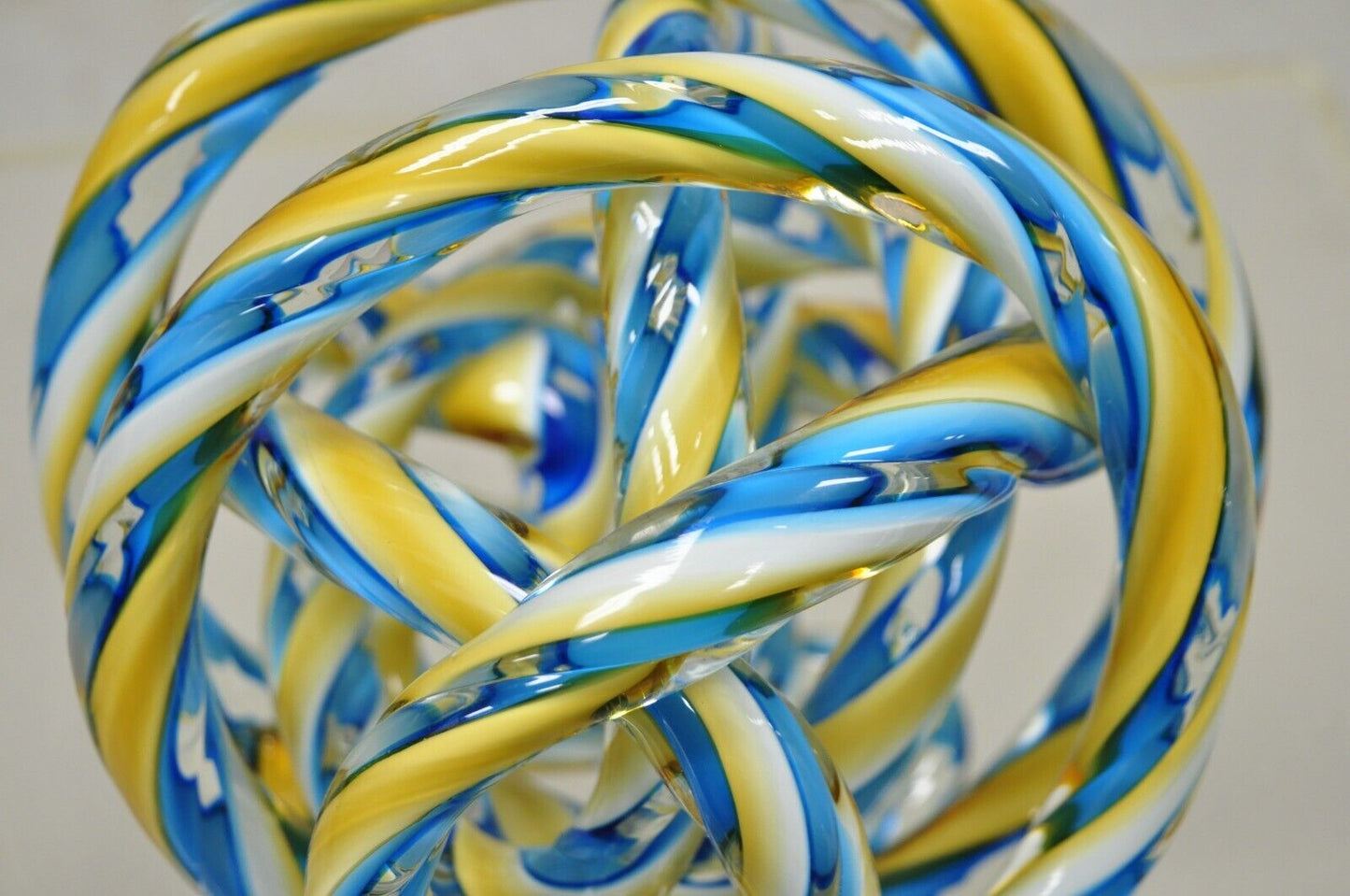 Murano Art Glass Swirl 8" Infinity Knot of Love Blue and Yellow