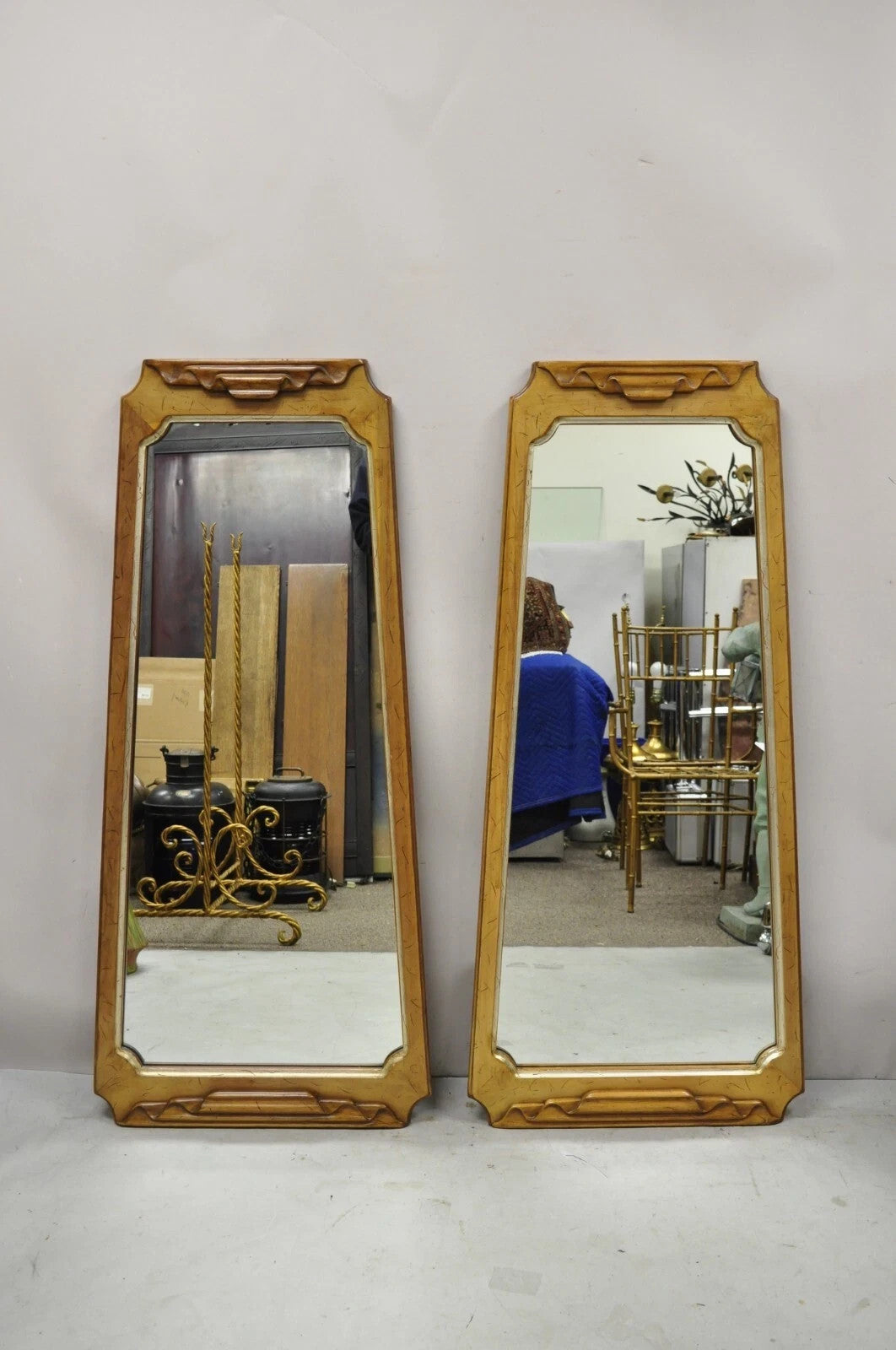 Vintage Italian Hollywood Regency Ribbon Scroll Carved Wood Wall Mirror - a Pair