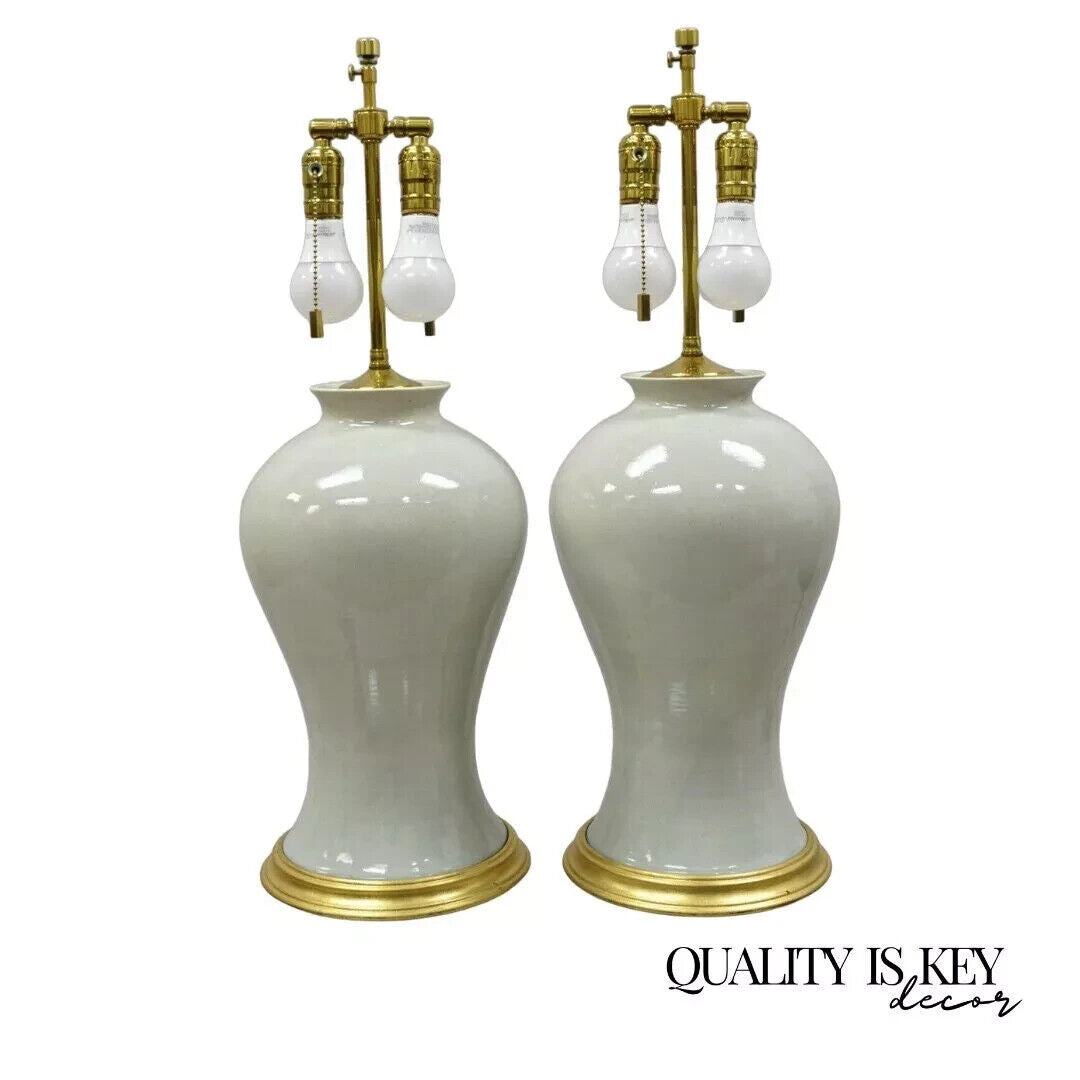 Chinoiserie Porcelain Celadon Green Glazed Ceramic Temple Jar Table Lamps - Pair