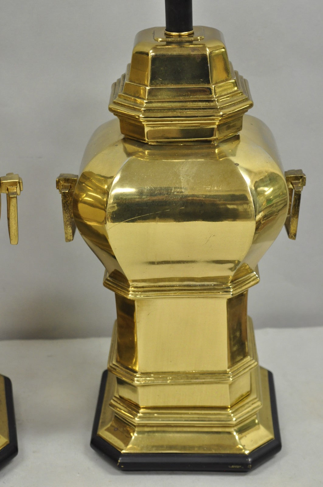 Vintage Chinoiserie Chinese Ginger Jar Brass Plated Metal Table Lamps - a Pair