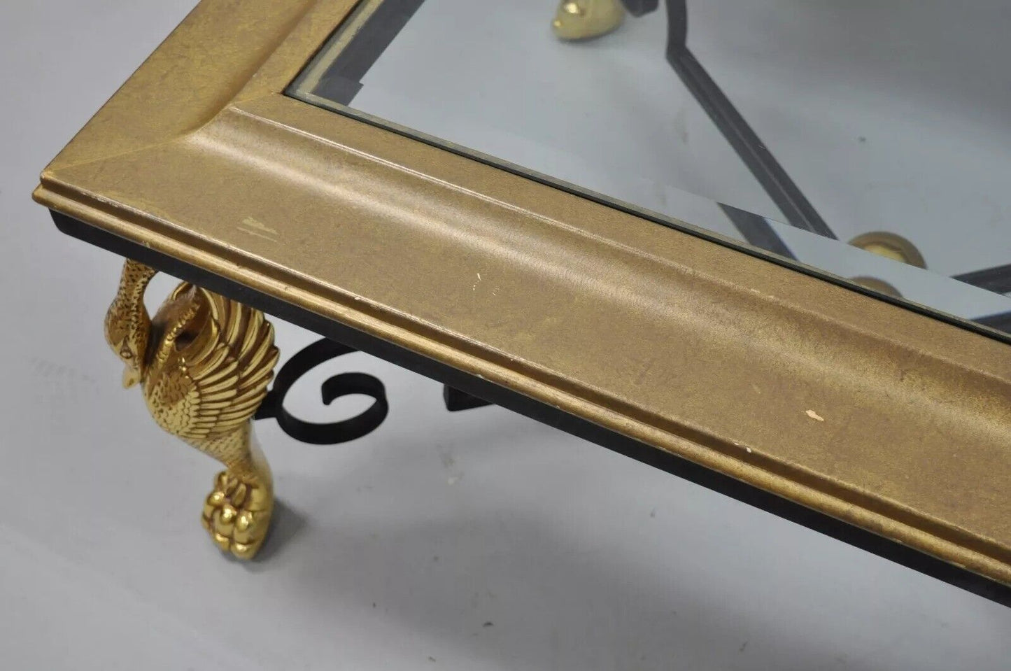 Regency Style Figural Swan Base Rectangular Iron and Glass Gold Coffee Table (A)