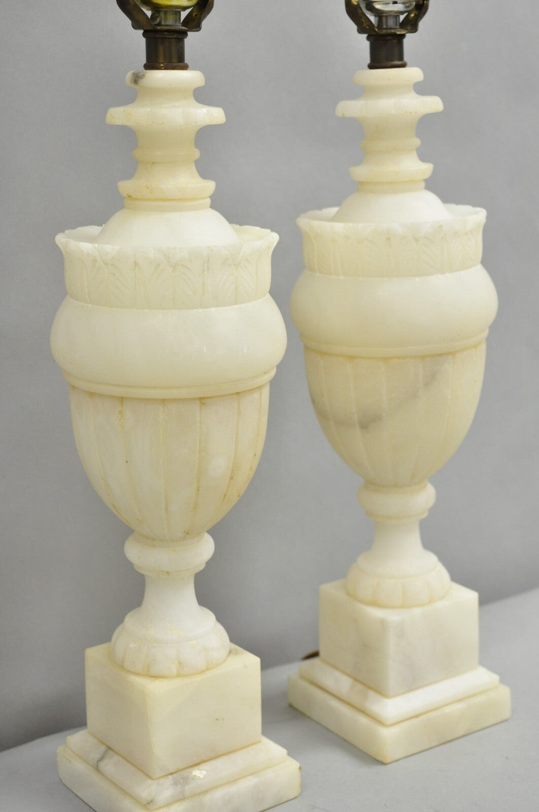 Antique French Empire Neoclassical Carved Alabaster Urn Table Lamp - a Pair