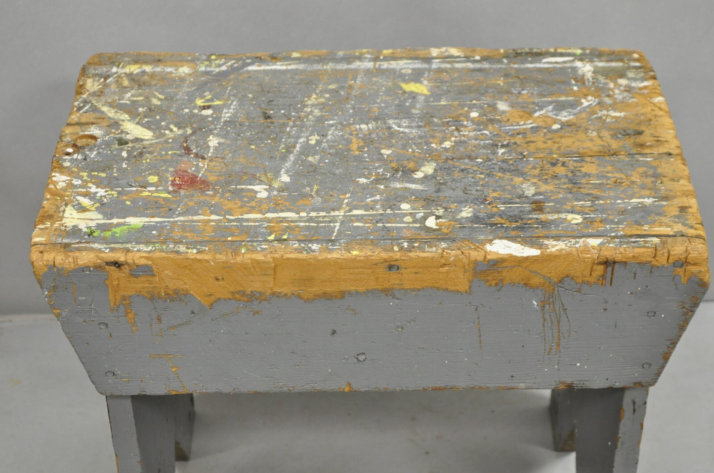 Antique French Country Primitive Gray Painted Paint Splattered Work Bench Stool