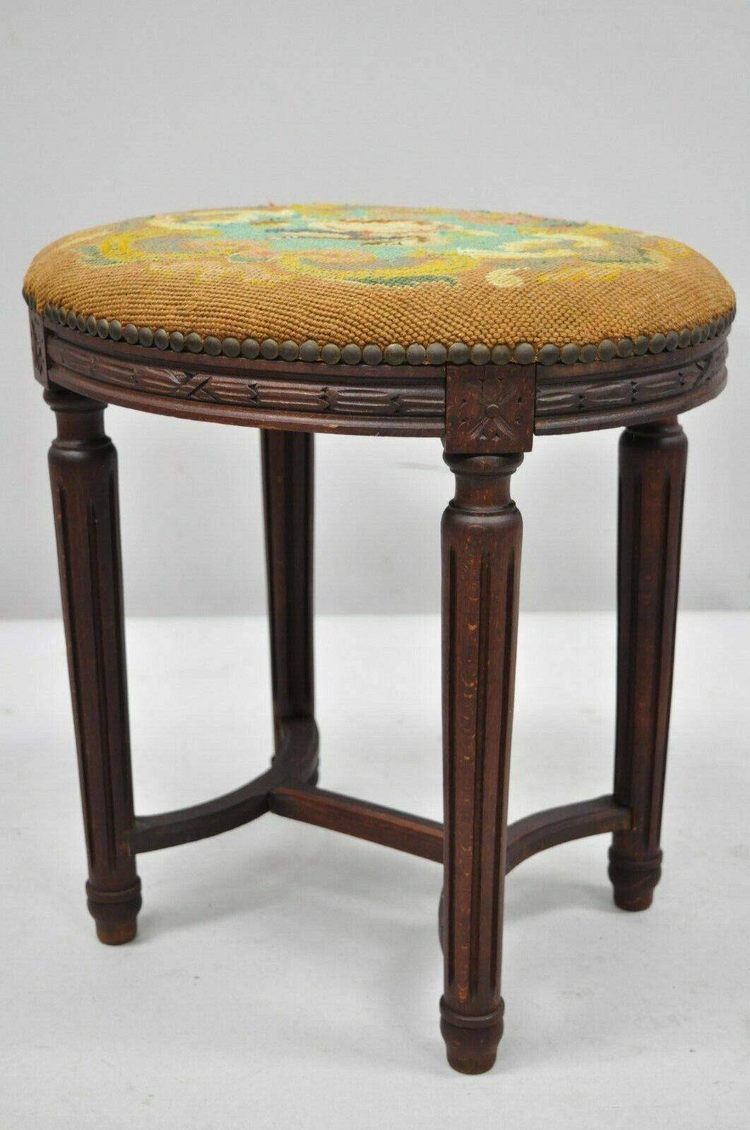 Antique French Louis XVI Style Carved Walnut & Needlepoint Oval Stools - a Pair
