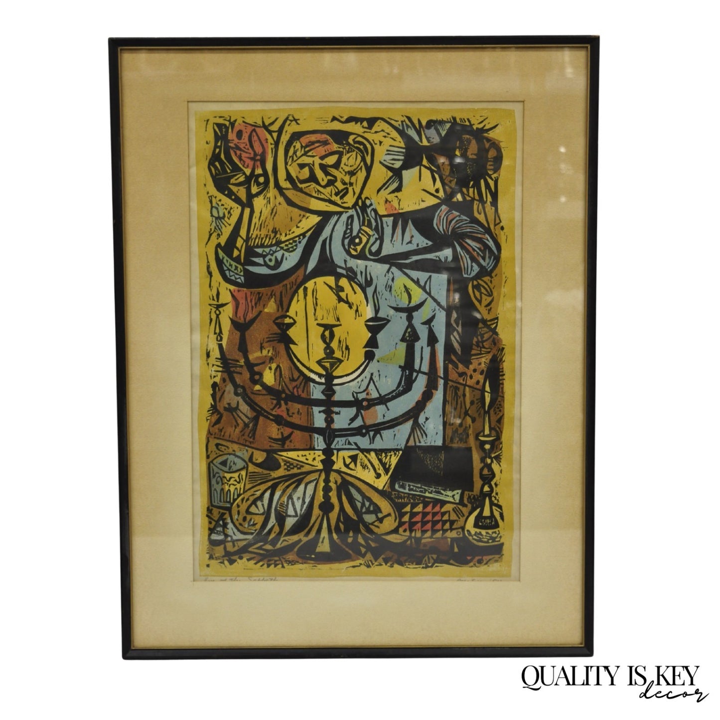Vintage Irving Amen "Eve of the Sabbath" Woodblock Print Judaica Art, Signed