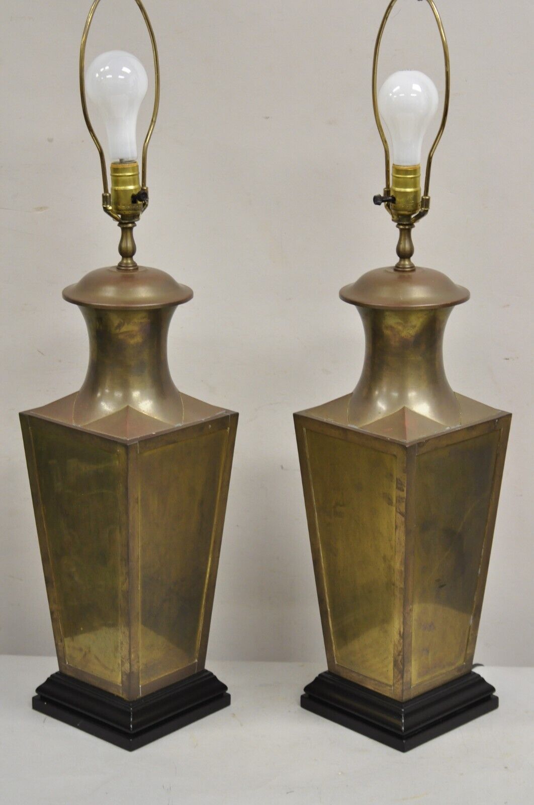 Chinoiserie Patinated Brass Square Jardiniere Table Lamp by Wildwood - a Pair