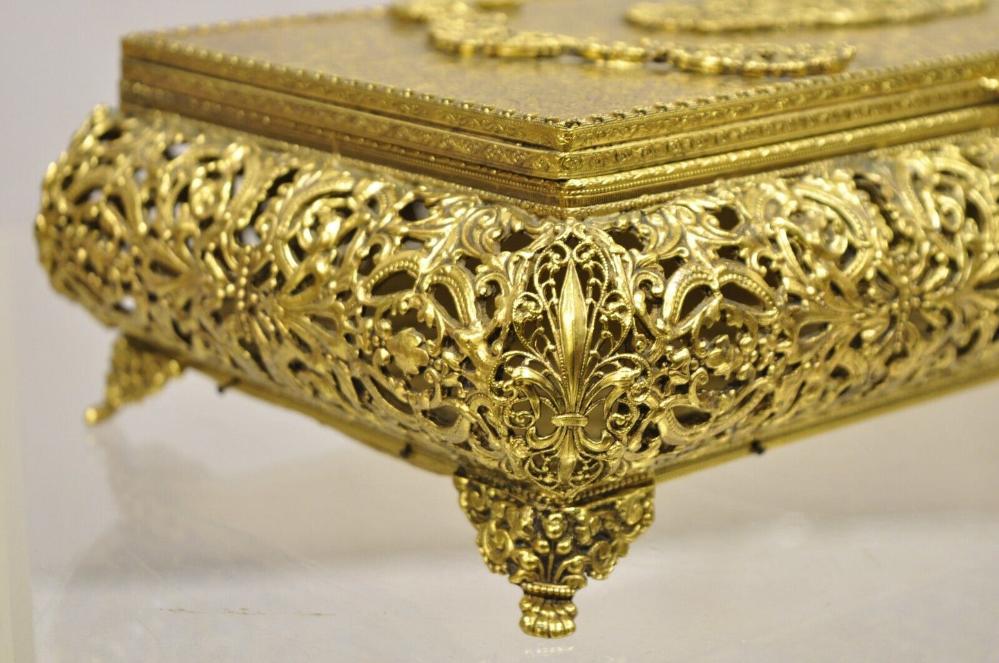 Vtg French Hollywood Regency Style Gold Filigree Vanity Jewelry Box by Globe