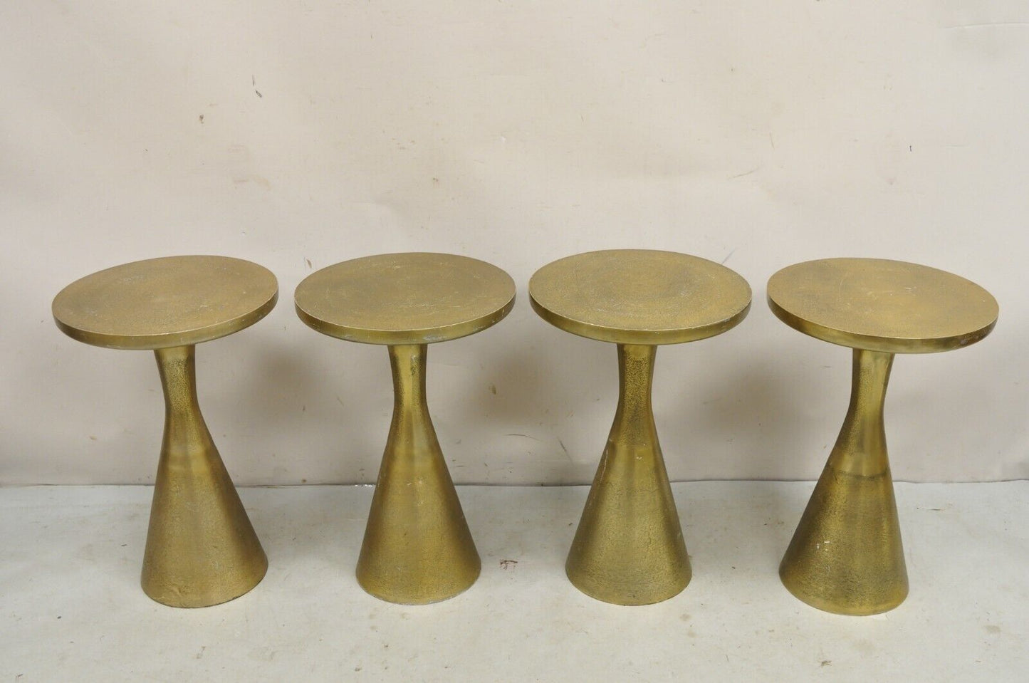 Modern Burnished Cast Metal Gold Sculptural Round Drinks Side Table - a Pair