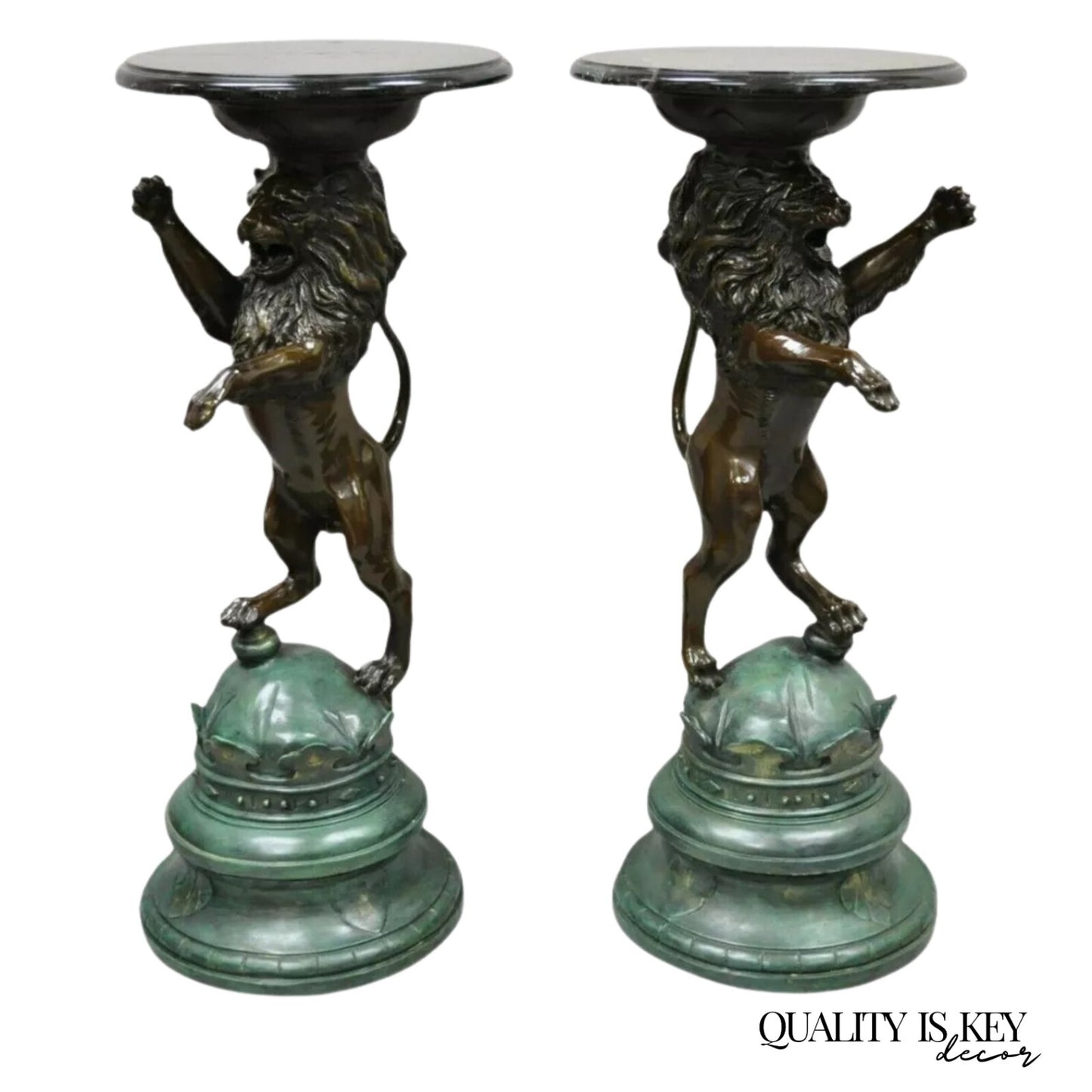 Regency Style Bronze Lion Figure Marble Top Pedestal Table after P.J Mene, Pair