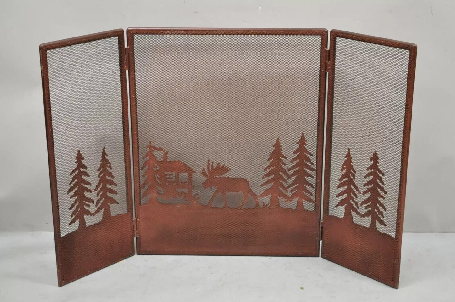 Nature Moose Wilderness Log Cabin Rustic Iron Metal Folding Fireplace Screen