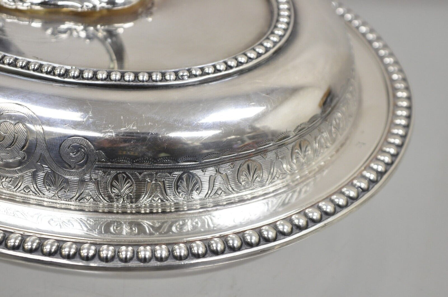 Antique English Victorian Scrollwork Engraved Covered Vegetable Serving Dish