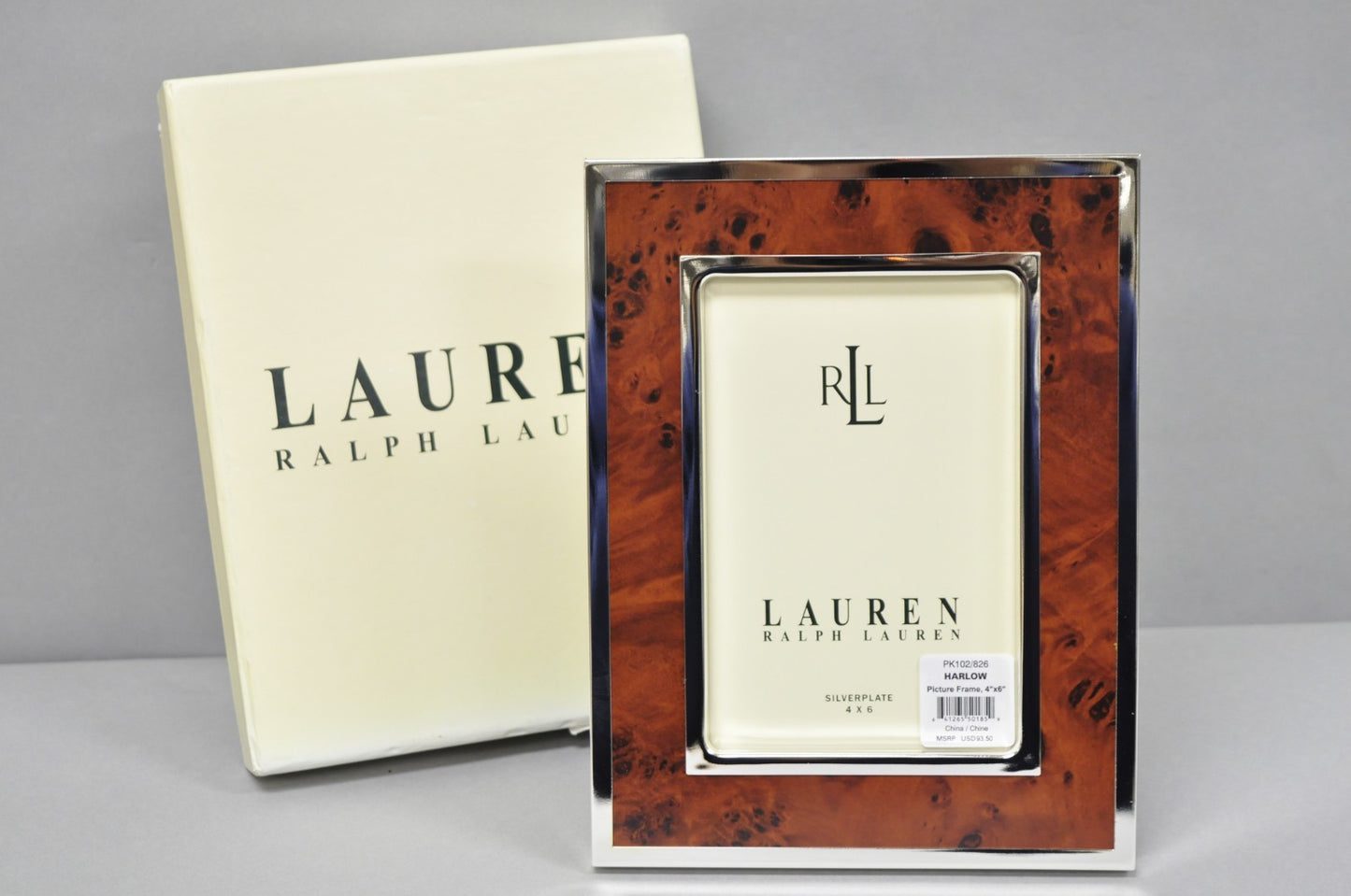 Lauren Ralph Lauren Harlow Burl Wood & Silver Plated 4x6 Photo Picture Frame NIB