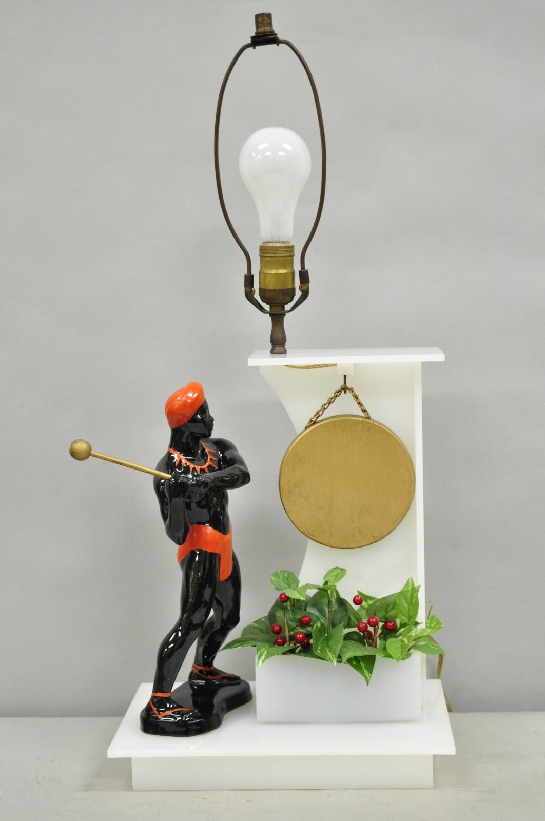 Vintage Mid Century Modern Figural African Black Male w/ Gong Acrylic Table Lamp
