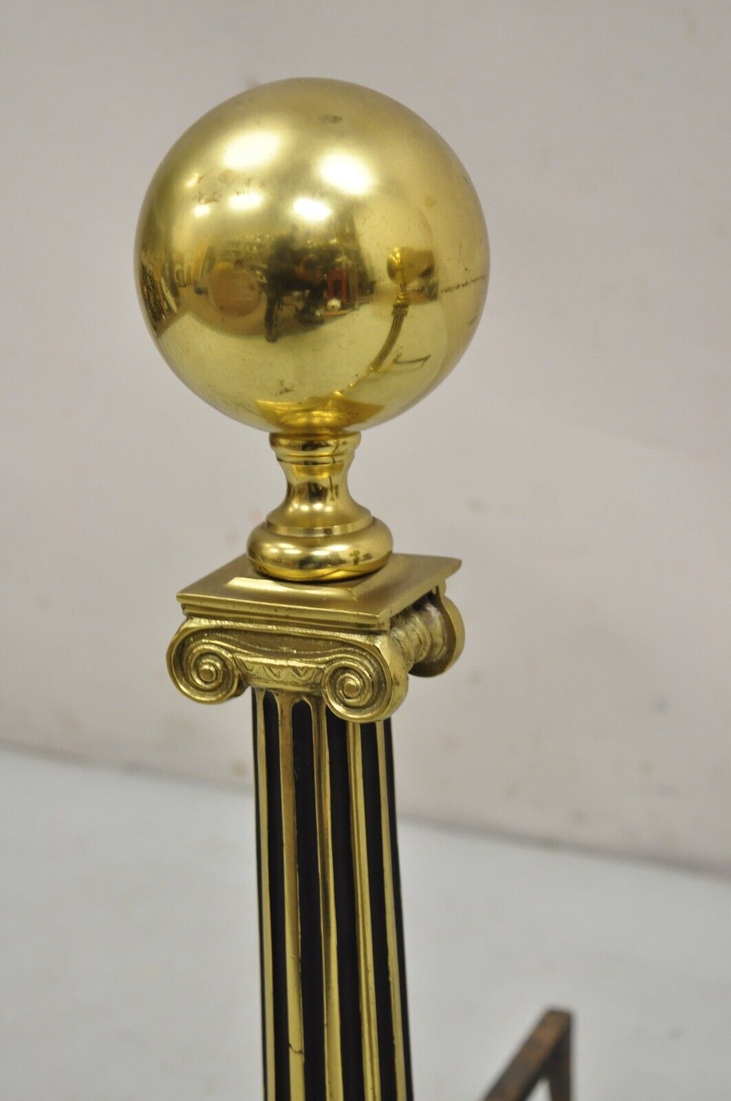 Vintage French Empire Style Brass Cannonball Column Form Branch Foot Andirons
