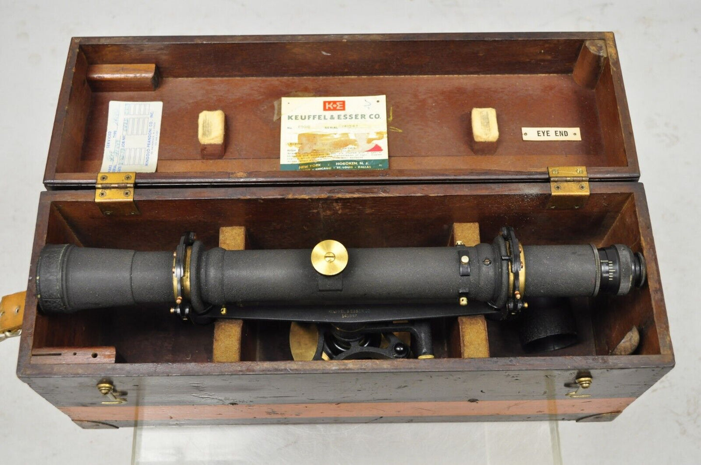 Antique Keuffel & Esser Co 141547 Surveyors Compass in Case w Wooden Tripod Base