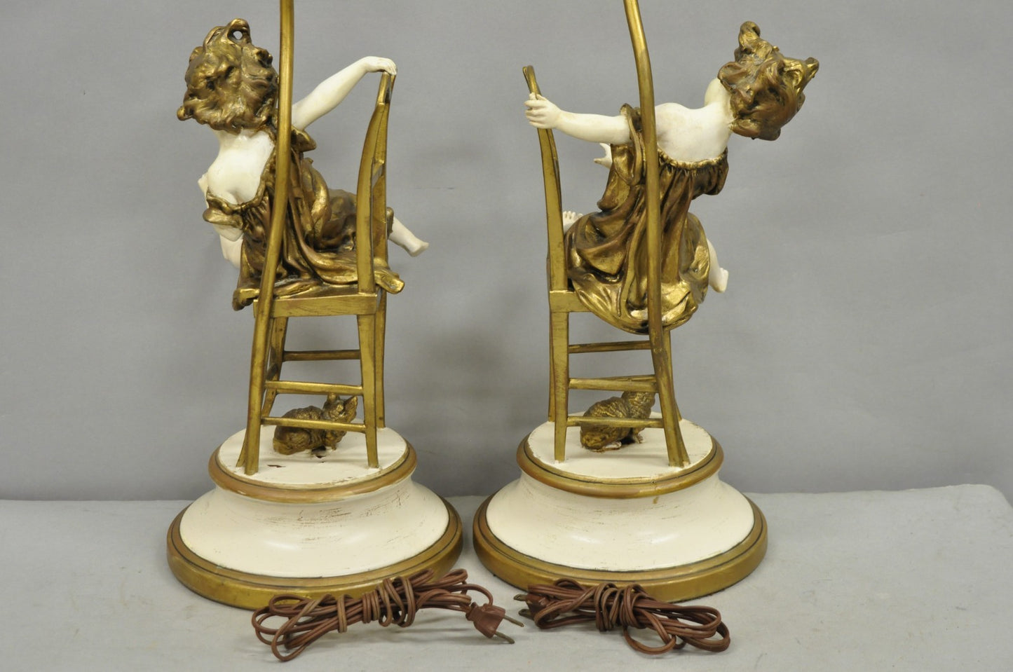 Juan Clara "Girl on Chair Playing with Kittens" Metal Figural Table Lamps - Pair