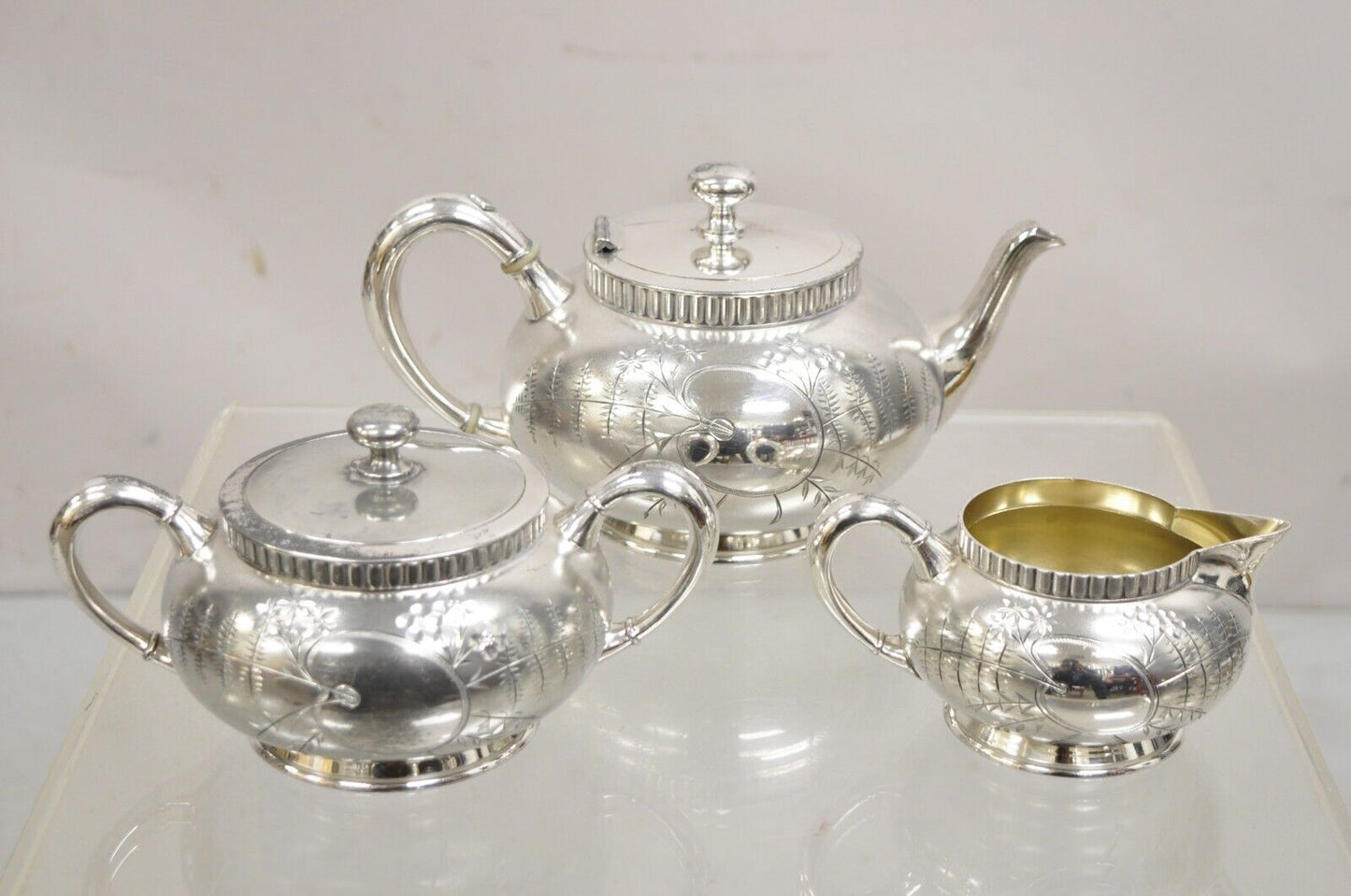 Antique Webster & Son Victorian Silver Plated Etched Tea Set - 3 Pc Set