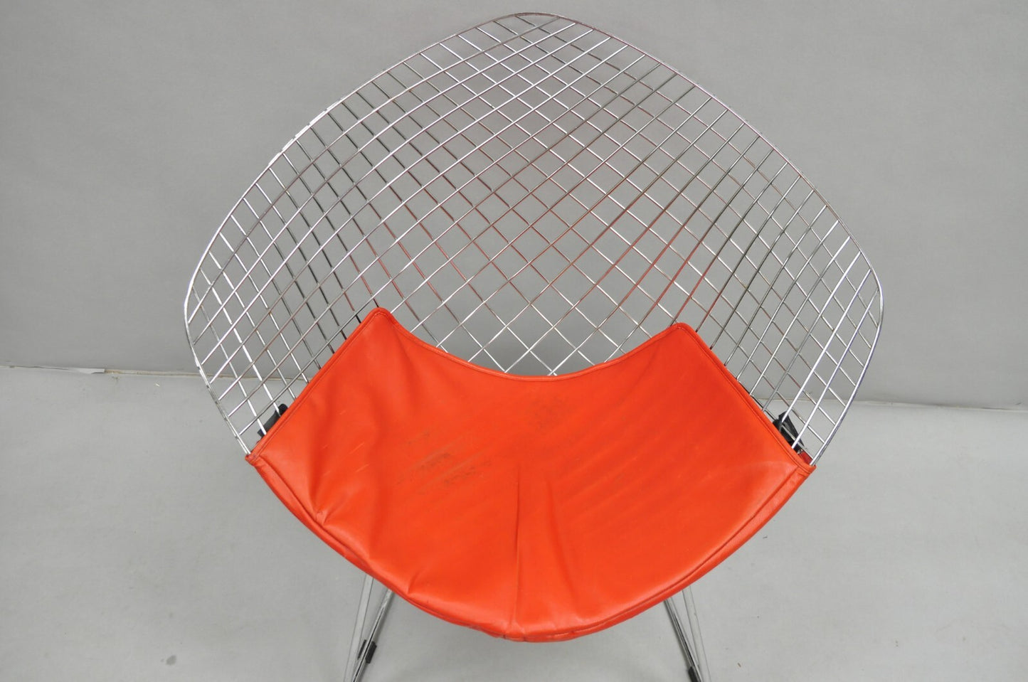 Knoll Style Bertoia Chrome Wire Metal Diamond Lounge Chair With Red Cushion