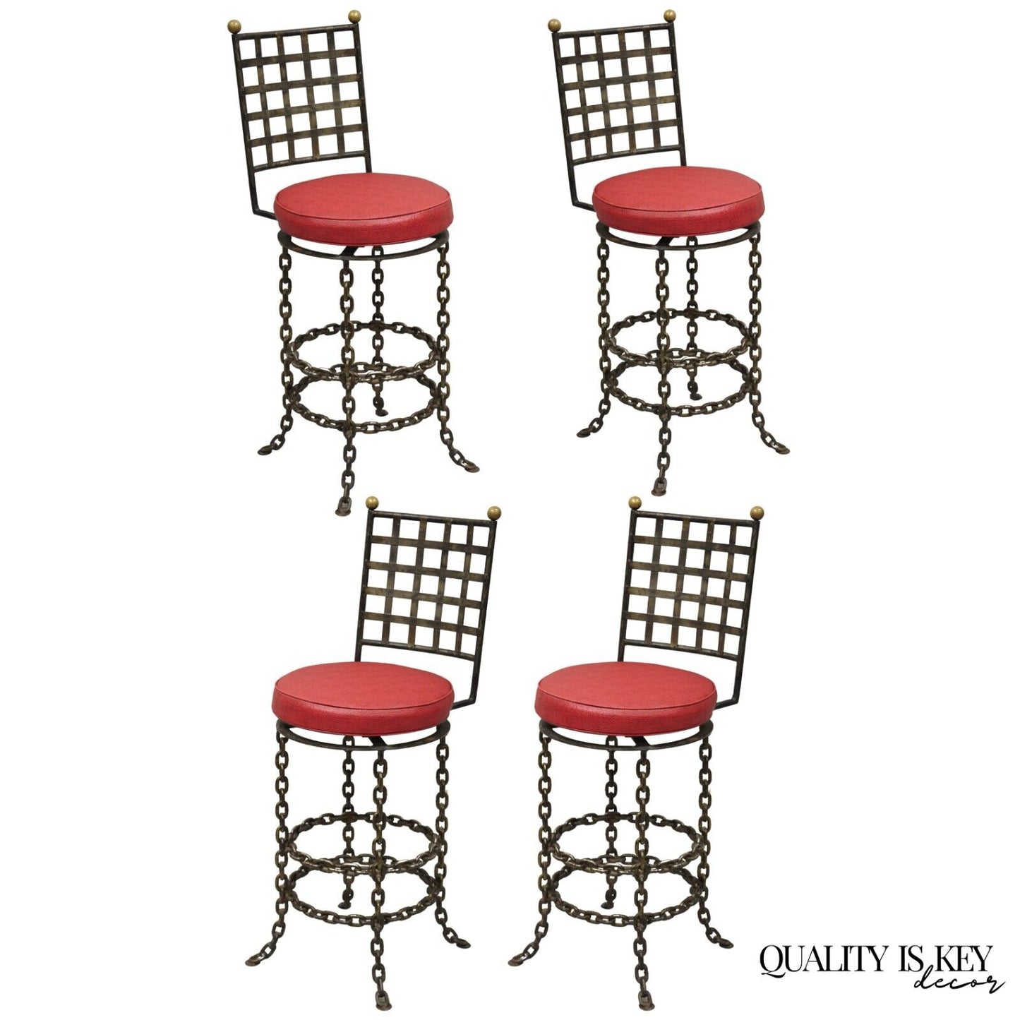 Vintage Mid Century Brutalist Iron Chain Link Swivel Counter Bar Stool Set of 4