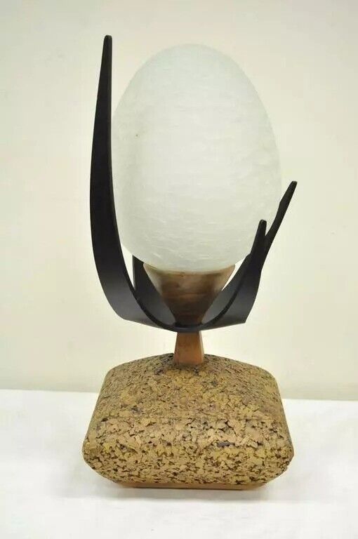 Lynard of California Cork Crackled Glass Walnut Atomic Era Modern Egg Table Lamp