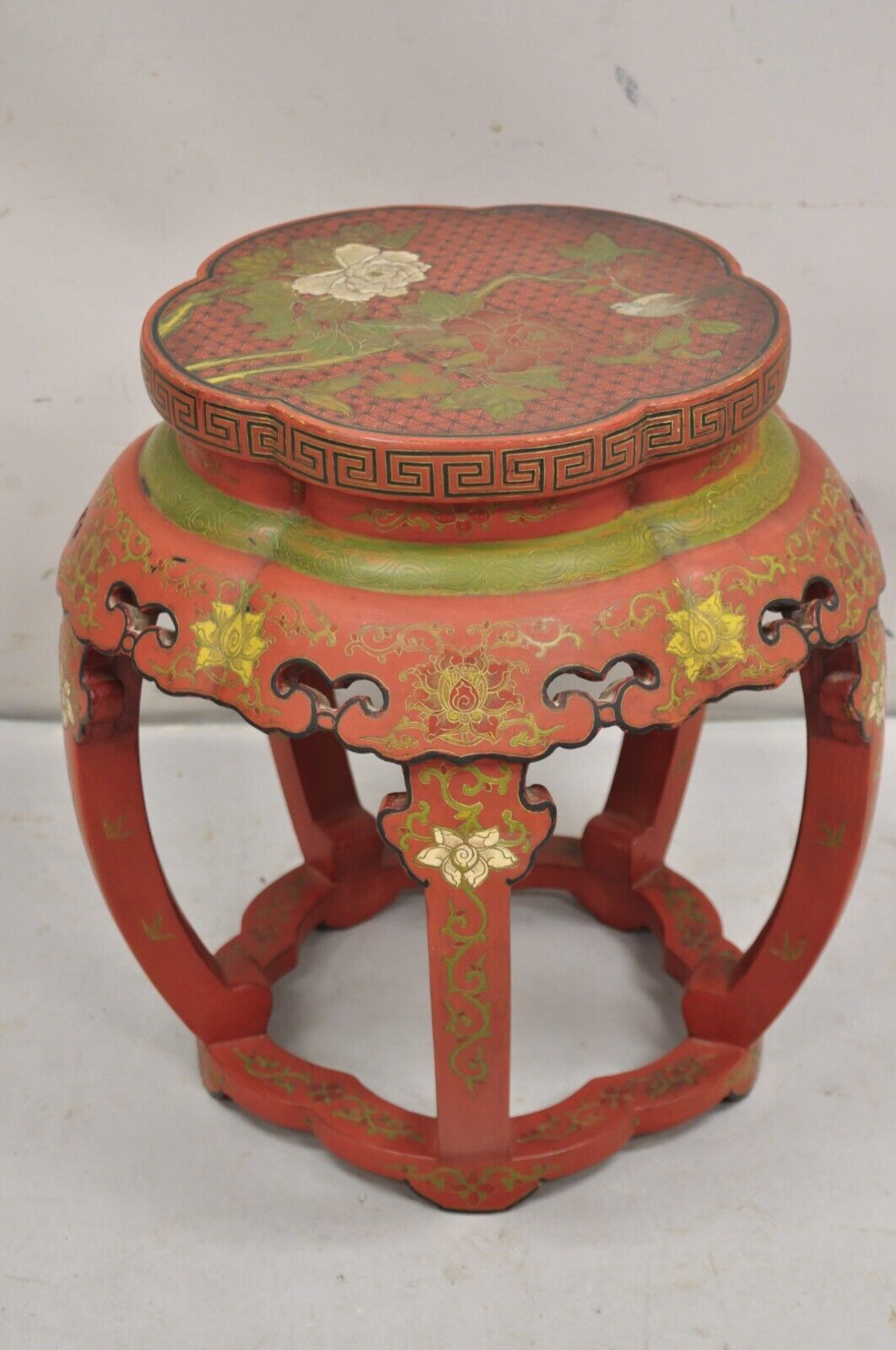 Vintage Chinoiserie Red Lacquer Chinese Drum Stool w Hand Painted Bird & Flowers