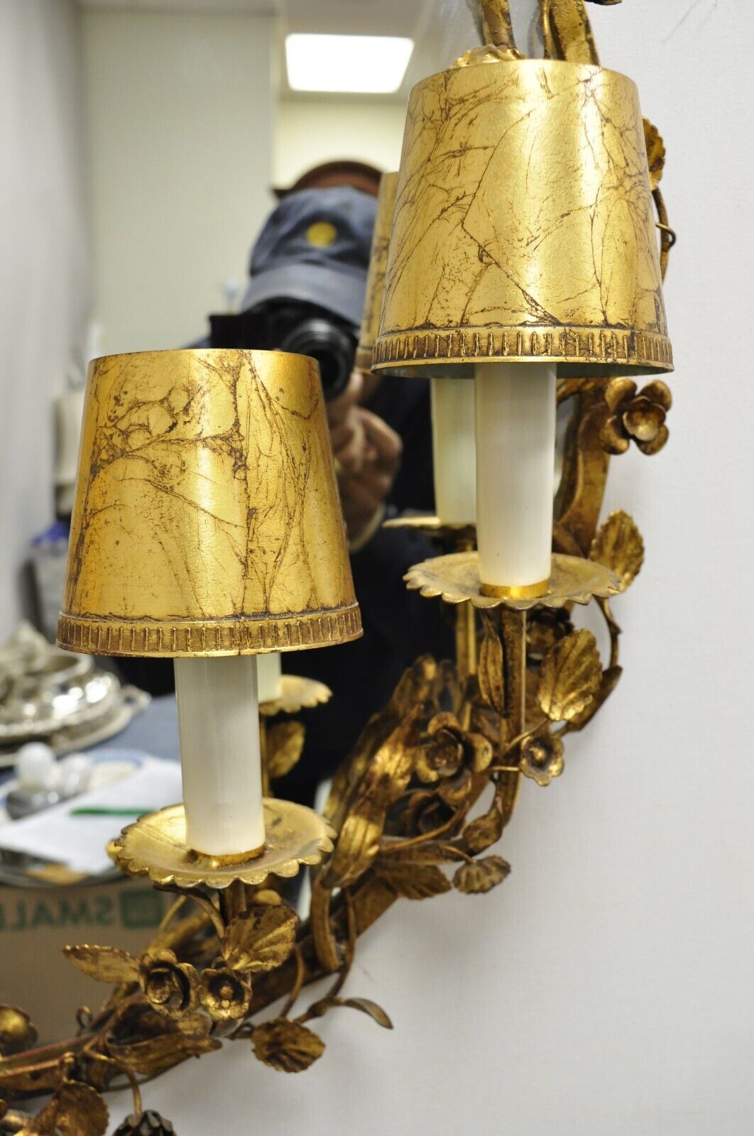 Vtg Italian Hollywood Regency Gold Gilt Iron Oval Floral Wall Mirror w/ Sconces