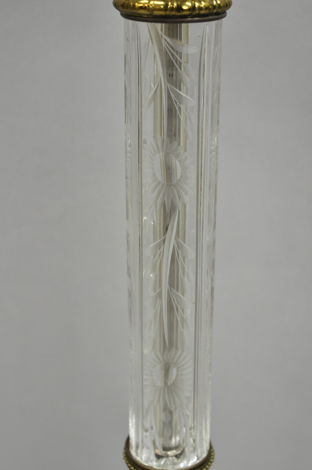 Vintage Neoclassical Style Floral Etched Glass Column Brass Reading Floor Lamp