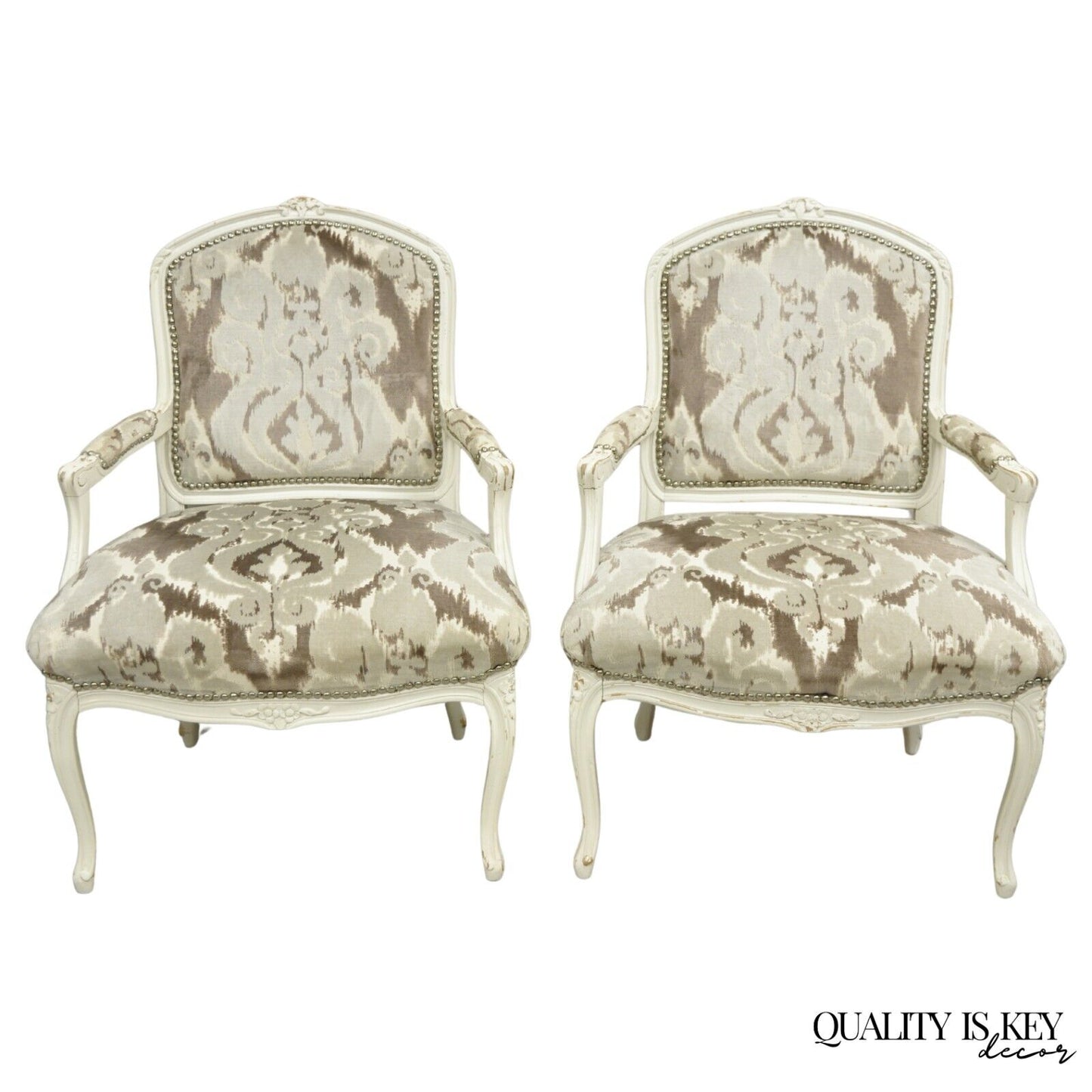 Vintage French Country Louis XV Style White Distress Painted Arm Chairs - a Pair