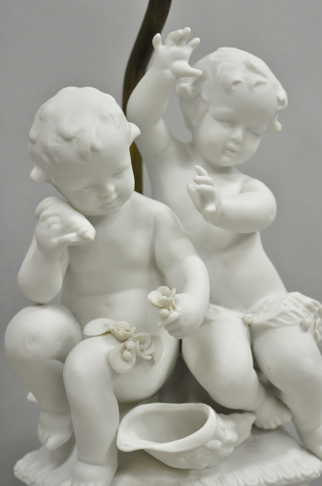 Antique French Parian Bisque Porcelain White Double Cherub & Shell Table Lamp