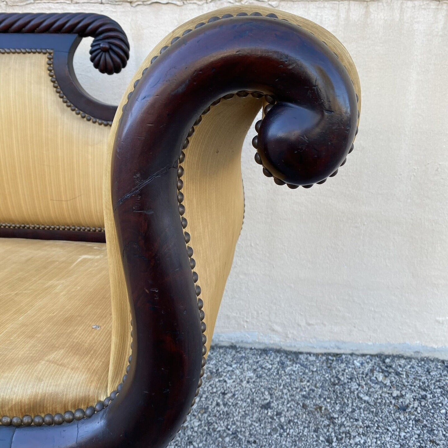 Antique American Empire Classical Carved Mahogany Paw Foot Rolled Arm Sofa