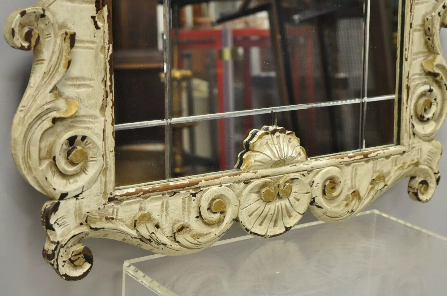 Antique Victorian White Shabby Distress Painted Chic Rose Carved Wall Mirror