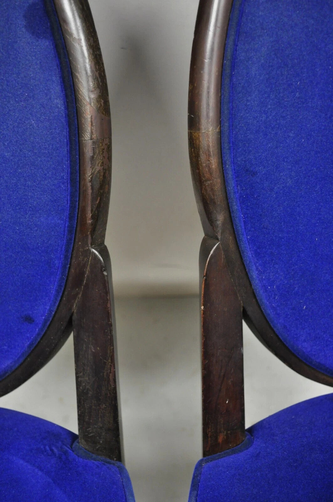 French Art Deco Oval Upholstered Back Mahogany Frame Blue Dining Chairs - a Pair