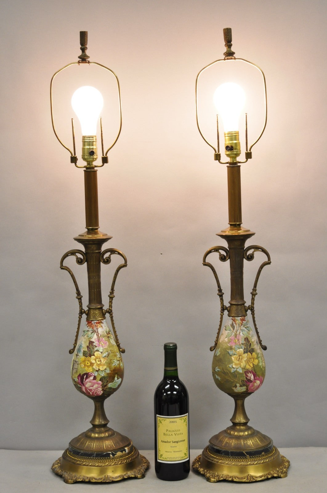 Antique Victorian Brass and Porcelain Urn Hand Painted Flower Table Lamps a Pair
