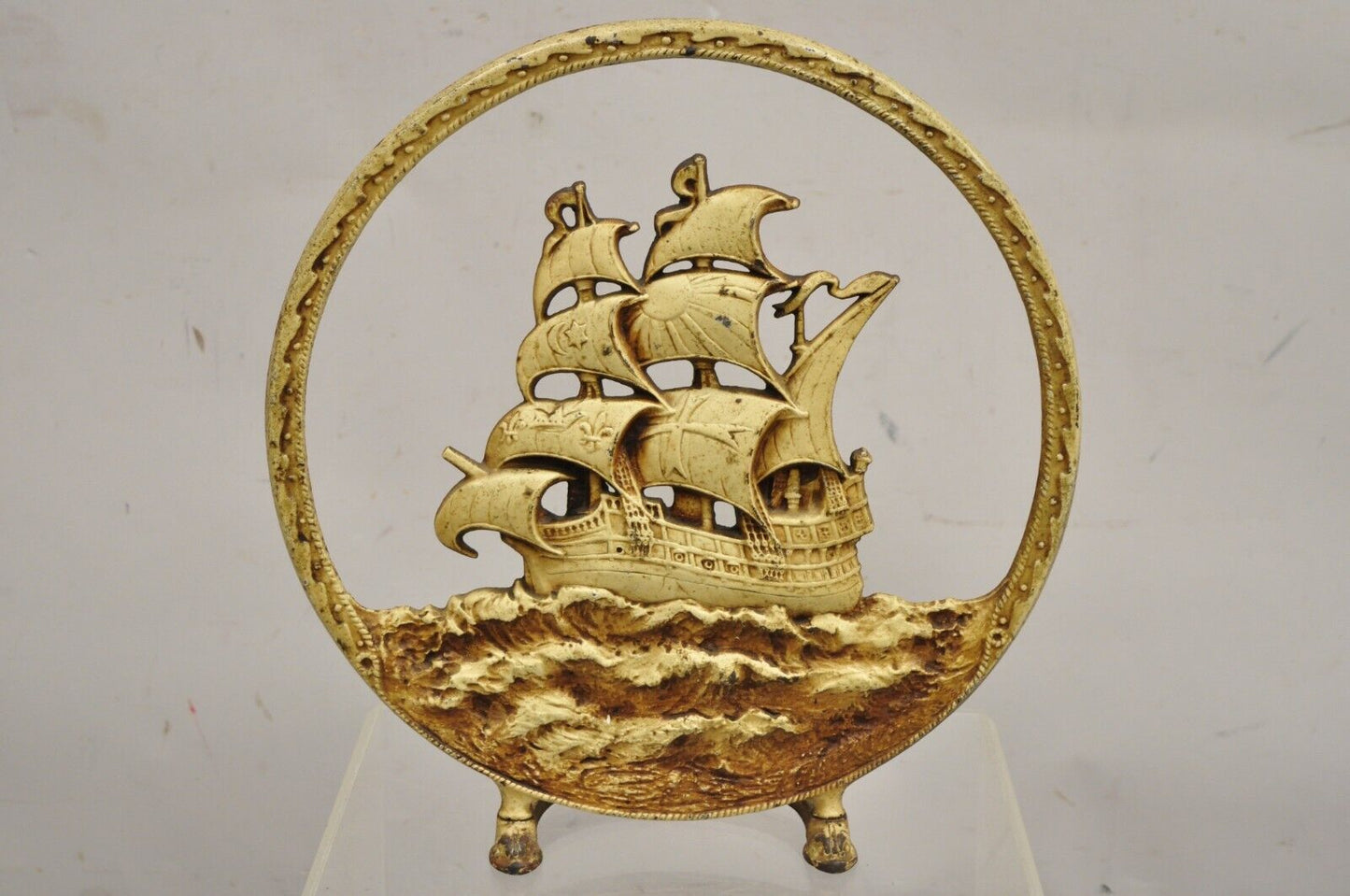 Antique Cast Iron Art Nouveau White Painted Pirate Ship Large Doorstop