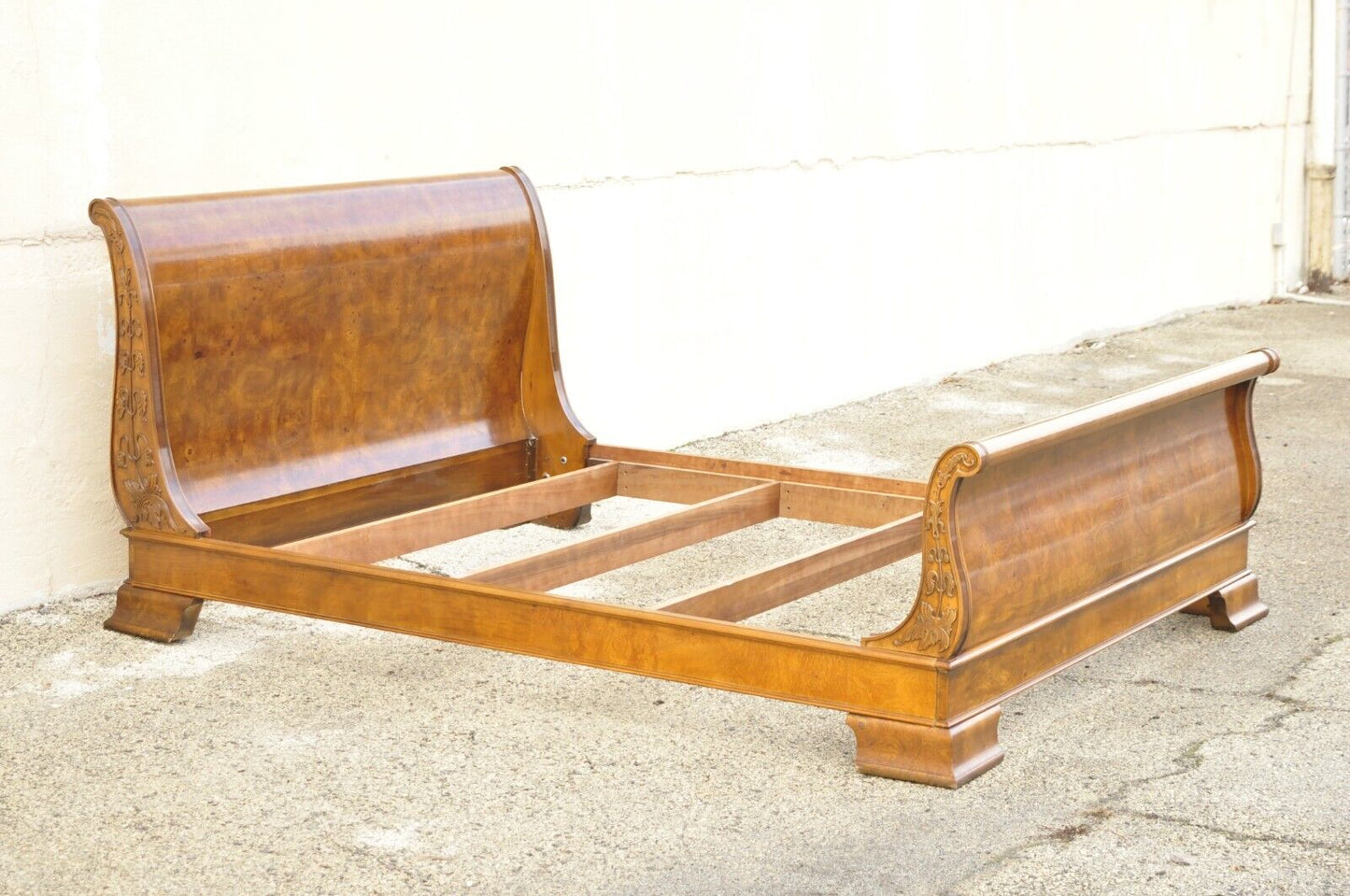 Henredon Charles X Empire Style Burl Wood Queen Size Sleigh Bed Frame