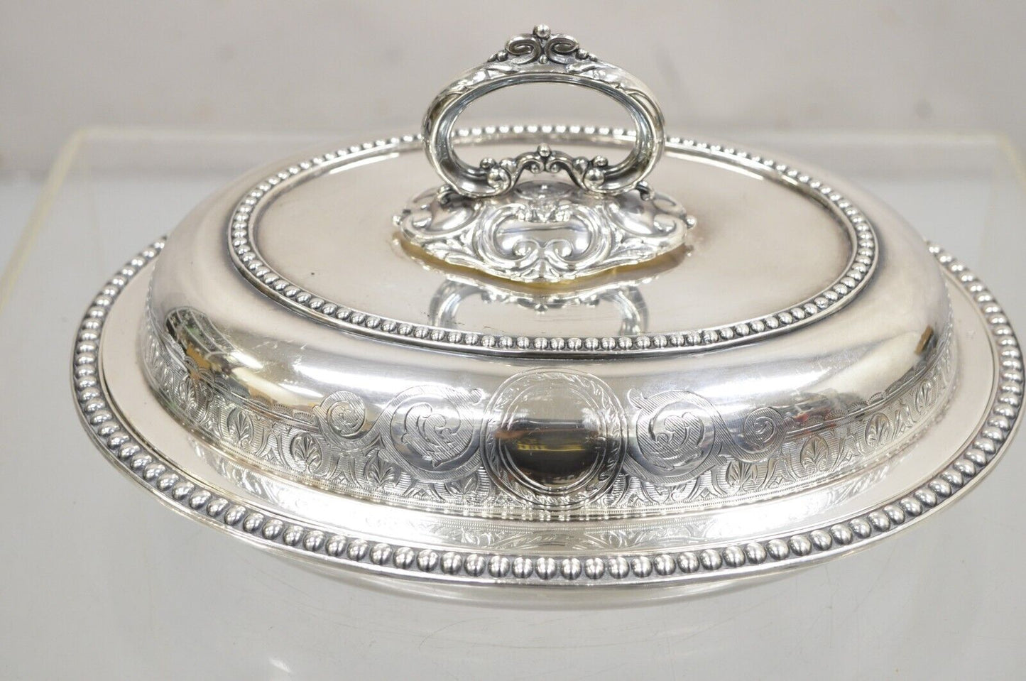 Antique English Victorian Scrollwork Engraved Covered Vegetable Serving Dish