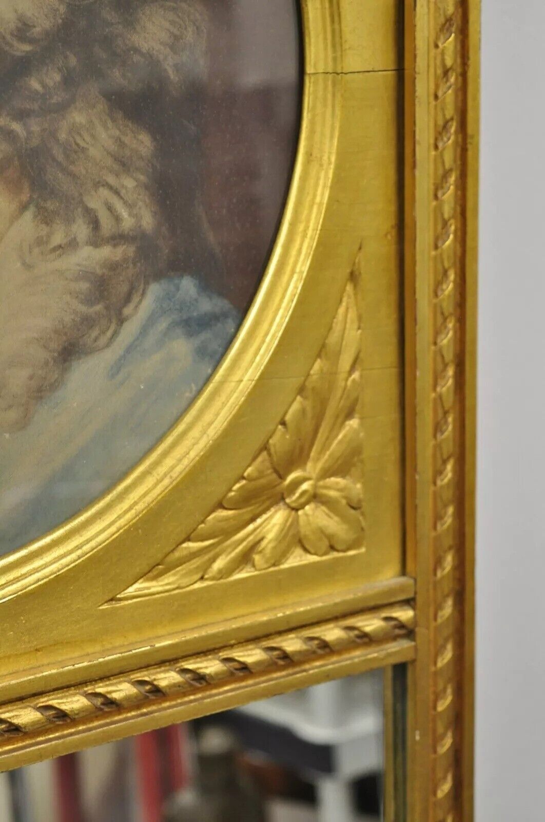 Antique French Louis XV Style Gold Gilt Wood Trumeau Mirror with Portrait Print